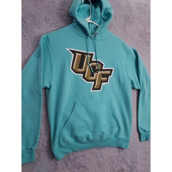 UCF Hoodie Mens Medium Champion Fleece Teal Spellout Logo Sweatshirt Drawstring - Picture 2 of 9